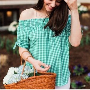 J. Crew Green Checkered Off-Shoulder Blouse